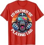 Luckyuan I'd Rather Be Playing Tag Gorilla Monke Tag Gorilla VR Gamer T-Shirt (Red,S)