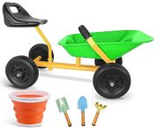 KOVOME Kids Sand Dumper, 4 Wheels Ride-on Wheelbarrow Toy, Steel Garden Sandbox, Outdoor Beach Toy, Age 3+ Kids Metal Play Tool Set with Shovels and Bucket