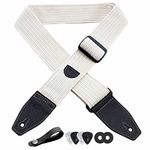 Padwa Lifestyle Guitar Strap - 2" Corduroy Full Grain Leather End Guitar Straps for Bass, Electric and Acoustic Guitars, Complimentary Strap Button, 1 Pair of Strap Locks and 4 Guitar Picks - White