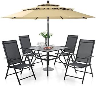 MFSTUDIO 6 Pieces Patio Dining Sets with Umbrella, Heavy Duty Square Metal Table with 4 Adjustable Folding Textilene Chair (Black) and one 10 Ft Patio Umbrella (Beige), Outdoor Furniture for 4