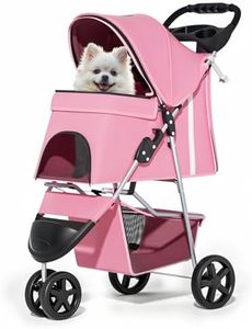 MoNiBloom 3-Wheels Foldable Pet Stroller with Waterproof Cover, Pet Strolling Cart for Small/Medium Dogs and Cats with Storage Basket and Cup Holder, Breathable and Visible Mesh for All-Season, Pink