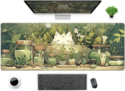 Cute Kawaii White Cat Anime Green Plant Leaves Desk Mat Large Mouse Pad Gaming Desk Pad, XL Extended Mousepad Desk Accessories for Women Office Decor Long Laptop Keyboard Mouse Mat 31.5x11.8 in