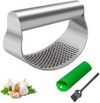 Garlic Press Stainless Steel Garlic Crusher Presser Kitchen Garlic Rocker Food Grade Ginger Grater Chopper Mincer Twister Squeezer Smasher with Silicone Garlic Peeler Tube Roller & Cleaning Brush