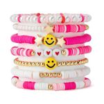 7Pcs Friendship Bracelets Set for Women, Heishi Surfer Clay Bead Bracelet Stackable Summer Beach Boho Colorful Disc Y2k Smile Beaded Bracelets for Lady Girls Birthday Gifts, Pink