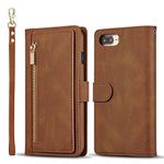 QLTYPRI Case for iPhone 7 Plus 8 Plus, Simple PU Leather Magnetic Zipper Wallet Case with [Money Pocket] [9 Card Slots] [Wrist Strap], Shockproof Flip Case for iphone7 Plus iphone8 Plus - Brown