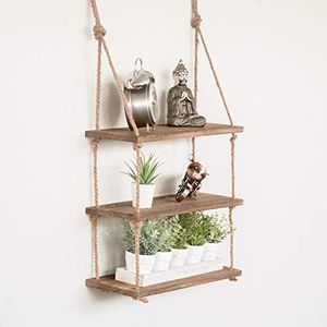 HomeZone 1 2 et 3 Volet Vintage Shabby Chic Etagere Murale Bois avec Cordage Étagère Rustique Étagère Flottante Plusieurs Étagées Étagère Tenture Murale Stockage Rangement de Maison Organisation