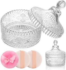 4 Pieces Large Body Powder Puff and Container - Dusting Powder Container with Puff, Crystal Glass Case with Puff Soft Velour Washable Wet Dry Makeup (Clear Snowflake)