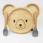 Kradyl Kroft Baby Kids Feeding Bamboo Silicone Bowl and Wooden Handle Spoon, Babies and Toddler Bowl & Spoon Set, Unbreakable Silicone Non-Slip Suction, Microwave & Dishwasher Safe (Teddy Grey)