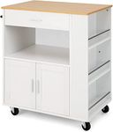 COSTWAY Kitchen Storage Trolley, Rolling Serving Island Cart with Towel Bar, 3 Spice Racks, Drawer, Open Shelf, 2-Door Cabinet & Lockable Wheels, 82x50x92cm Utility Organiser Cabinet (White Body)