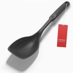 Large Silicone Cooking Spoon, Non-Stick Solid Spoon set with Deep Bolw and Measurement Mark for Mixing, Serving, Draining, Scooping, Scraping, Heat Resistant Kitchen Utensils, Black