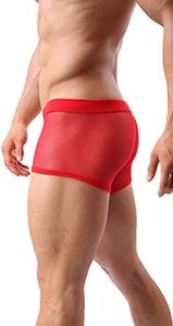 Mens Sexy Underwear Breathable Mesh Boxer Briefs See Through Hollow Lingerie, Red, Medium