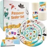 The Dreidel Company Passover Disposable Seder Plate Set - Ten Plagues Design - 9" and 7" Plates, Cups, Napkins and Place Cards, 120 Piece Set, Serves 24 People