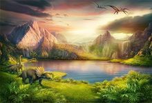 LFEEY 7x5ft Fantasy Jurassic World Backdrop Wonderland Ancient Natural Landscape Lake Mountains Dinosaur Photography Background Kids Birthday Party Photo Booth Props