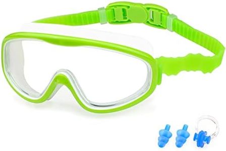 KAILIMENG Kids Swim Goggles, Clear Wide View No-Leak Anti-Fog UV Protection Swimming Glasses with Nose Clip Earplugs for Toddlers Youth Child 3-15 Years Old (Green)