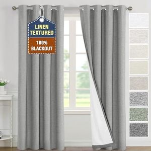 Smarcute 100% Blackout Curtains Linen Textured Thermal Curtains Block Out Light and Heat Eyelet Curtains for Bedroom/Living Room Set of 2 Panels,Each W132cm x D213cm,Heather Ultimate Gray