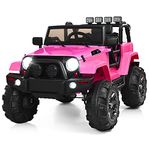 Costzon Ride On Truck, 12V Battery Powered Electric Ride On Car w/ 2.4 GHZ Parental Remote Control, LED Lights, Double Open Doors, Safety Belt, Music, MP3, Spring Suspension (Pink)