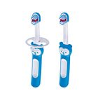 MAM Baby's Brush Set (2 Training Toothbrushes, 1 Safety Shield), Baby Toothbrushes with Brushy the Bear, Interactive App, For Boy 5+ Months, Blue