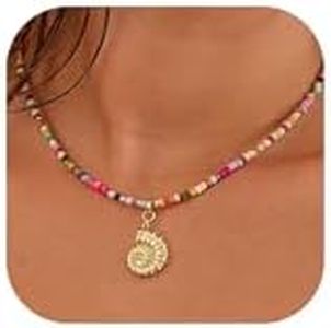 Colorful Beaded Necklaces for Women Rainbow Beaded Gemstone Necklace Crystal Natural Stone Necklace Boho Beach Vacation Essentials Summer Surfer Handmade Jewelry