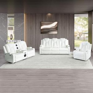 Naomi Home Chicago Deluxe Theater Style Motion Reclining Sofa Set - 3 Piece Set with Power Recline, Adjustable Headrests, LED Lighting, Wireless Charging, Bluetooth Speaker, USB Ports - White