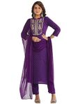 GoSriKi Women's Cotton Blend Straight Embroidered Kurta with Pant & Dupatta (RAJI-BEGANI-NKJ-GS_XL_Purple_X-Large)