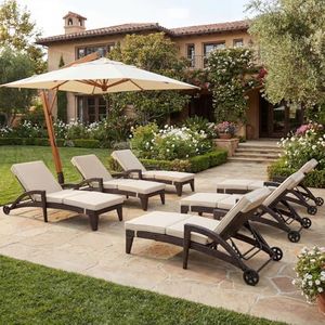 DAYAOUTDOOR Patio Chaise Lounge Set of 6, Wicker Lounge Chairs Outdoor with Wheels, Heavy Duty Lounger Chair Outdoor, Wicker Chaise Lounges with Armrests All Weather, Khaki