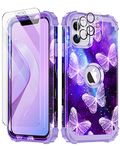 Casetego for iPhone 11 Case,2 Pack Tempered Screen Protector+2 Pack Camera Lens Protector,Shockproof Three Layer Heavy Duty Sturdy Full Body Protective Case for Apple iPhone 11 6.1 inch,Butterfly