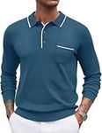 COOFANDY Mens Long Sleeve Polo Shirts Button Down Casual Shirts with Collar Knit Business Shirts Dark Blue