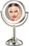 Professional 8.5" Large Lighted Makeup Mirror with Brighter Lights, 1X/10X True HD Magnifying Mirror with 3 Color Dimmable Lights, 80 Shadowless LEDs, 360°Swivel Seamless Vanity Mirror, Pearl Nickel