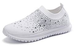 GOSPT Women's Mesh Walking Shoes Rhinestone Glitter Slip On Ballroom Jazz Latin Dance Sock Sneakers White 6.5