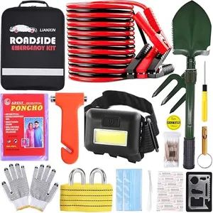 Car Emergency Roadside Tool Kit, Car Emergency Kits for Vehicles, Road Side Safety Assistance Kit,with Jumper Cables for Car,Headlamp,Folding Shovel,Tow, Basic Automobile Road Side Kit for Men Women