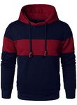 HOOD CREW Men’s Long Sleeved Plaid Hooded Sweatshirts Patchwork Color Pullover Hoodies with Drawstring Red XXL