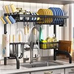 SAYZH Over The Sink Dish Drying Rack, 2 Tier Rack Adjustable (25.5 to 33.5 inch) Dish Drainer Rack with Utensil Sponge Holder Caddy for Kitchen Counter Organization, Black