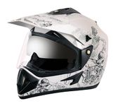 Vega Off Road Sketch ISI Certified Gloss Finish Full Face Dual Visor with Peak Helmet for Men and Women Outer Clear Visor and Inner Smoke Sun Visor(White Silver, Size:L)