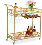 Large Bar Cart Gold, Home Bar Serving Cart, Wine Cart with 2 Mirrored Shelves, Wine Holders, Glass Holders, for Kitchen, Dining Room, Gold