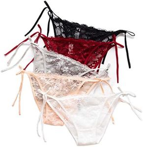 Women's Side Tie Sheer Panties Wild Lace Bikini Adjustable G-String Underwear (Multicolour)