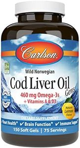 Carlson - Cod Liver Oil Gems, 460 mg Omega-3s, Plus Vitamins A and D3, Wild Caught Norwegian Arctic Cod Liver Oil, Sustainably Sourced Nordic Fish Oil Capsules, Lemon, 150 Softgels