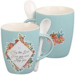 Christian Art Gifts Scripture Coffee and Tea Mug with Ceramic Spoon Set for Women: May the Lord Bless You - Numbers 6:24 Inspirational Bible Verse Hot & Cold Beverages, Light Teal/White Floral, 12 oz.