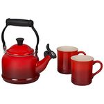 Le Creuset Demi Kettle & set of 2 Mug Set, Cerise Enamel on Steel teakettle, 1.25 qt