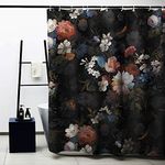 Obal Botanical Garden Shower Curtain, Orange Blue Red Flowers Black Background Bath Curtains Water Resistant Mildew Resistant Heavy Weight With Curtain Hooks Washable, (71 inches X 71 inches)