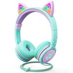 FosPower Kids Headphones with LED Cat Ears (Safe Volume Limit 85 dB), 3.5mm On-Ear Wired Headphones with Laced Tangle-Free Cables for Boys/Girls/School/Travel - Teal/Light Purple