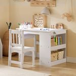 Haotian 2 in 1 Kid's Table and Chair Set, Art Table with Paper Roller, Paint Cups and Storage Shelves, Painting Table Set for Arts, Crafts and Writing, White, KMB60-W