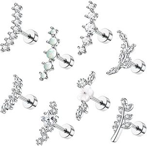 ZELORES 8Pcs 16G Cartilage Earring Set Stainless Steel Flower Opal CZ Stud Earrings Flat Back Cartilage Conch Helix Piercing Jewelry for Women, Stainless Steel, Cubic Zirconia, Silver