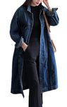 Jofemuho Womens Classic Long Jean Jacket Plus Size Loose Long Sleeve Button Down Denim Jacket Trench Coat, Dark Blue, 4XL