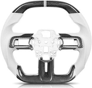 TESFEEL Carbon Fiber Steering Wheel for Mustang 2018-2023 Double D Flat-Top&Bottom with Trim Cover White Nappa Leather White Stripe Silvery Stitching for Mustang EcoBoost/GT for Shelby GT350/GT350R