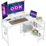 ODK Small L Shaped Desk, 120 x 50 cm Corner Desk with Reversible Storage Shelves, Gaming Desk with Monitor Stand and PC Stand for Home Office, Computer Desk with Headphone Hooks, White