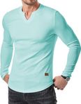 JMIERR Mens T-Shirts Casual Muscle Slim Fit V Neck Hipster Longline Henley Shirt Long Sleeve Gym Workout Athletic Fitted Tees Shirts, L, Mint Green