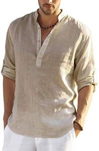 Coofandy Men's Cotton Linen Henley Shirt Long Sleeve Hippie Casual Beach T Shirts - Khaki - Medium