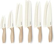 CAROTE 12 Pieces Knife Set, 6 Knives with 6 Blade Guards, Granite Nonstick Ceramic Coated, Professional Chef Knife, Utility, Bread, Utility, Paring, for Home & Restaurant Use Wood Grain Handle, White
