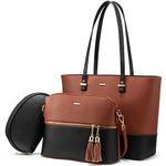 Handbags for Women Shoulder Bags Tote Satchel Hobo 3pcs Purse Set, Red Brown-Black, Medium