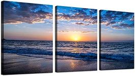 hyidecorart 3 Piece Canvas Wall Art -Sunrise blue sea view Landscape - Modern Home Decor Room Stretched and Framed Ready to Hang - 12"x16"x3 Panels